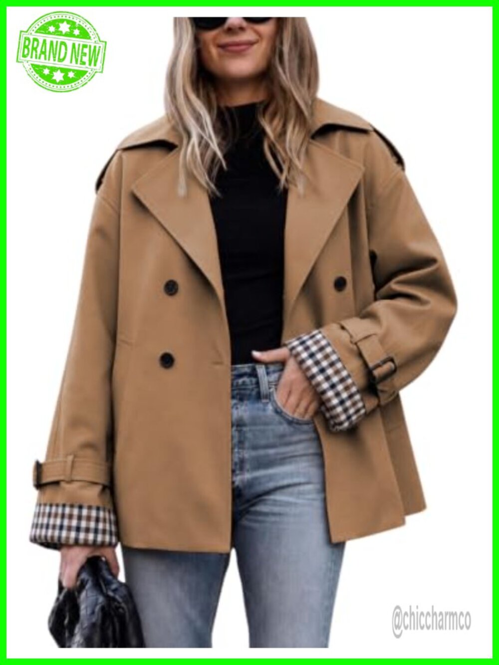 Oversized Cropped Trench Coat Lapel Collar 100% Polyester Jacket